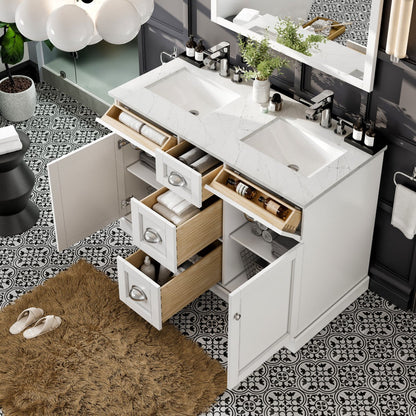 Eviva Epic Bath Vanity with Carrara Quartz Top and Undermount Porcelain Sinks (48"-100")