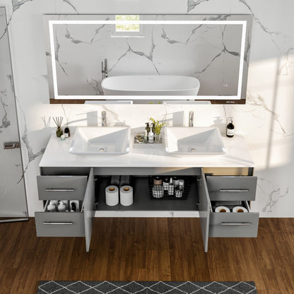 Eviva Wave Wall Mount Bath Vanity with White Quartz Top and Vessel Porcelain Sink (24"-72")