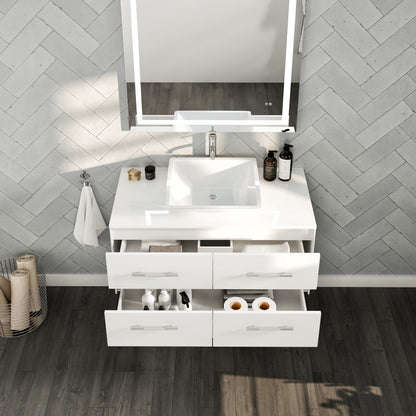 Eviva Wave Wall Mount Bath Vanity with White Quartz Top and Vessel Porcelain Sink (24"-72")