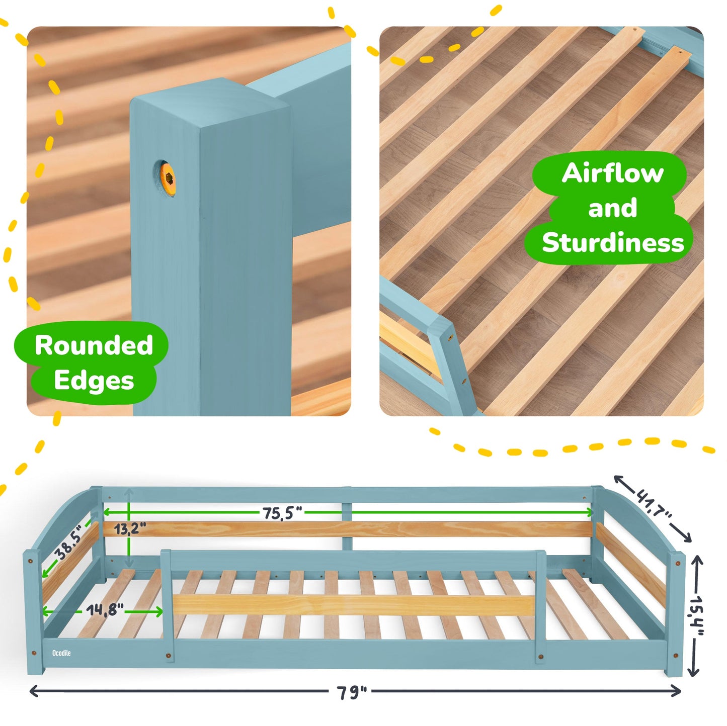 Wooden bed frame with rounded edges and airflow design, showing measurements and structural details.