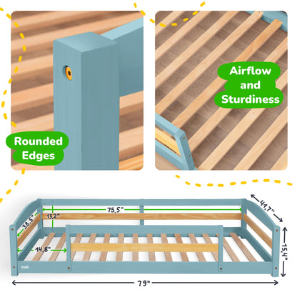 Wooden bed frame with rounded edges and airflow design, showing measurements and structural details.