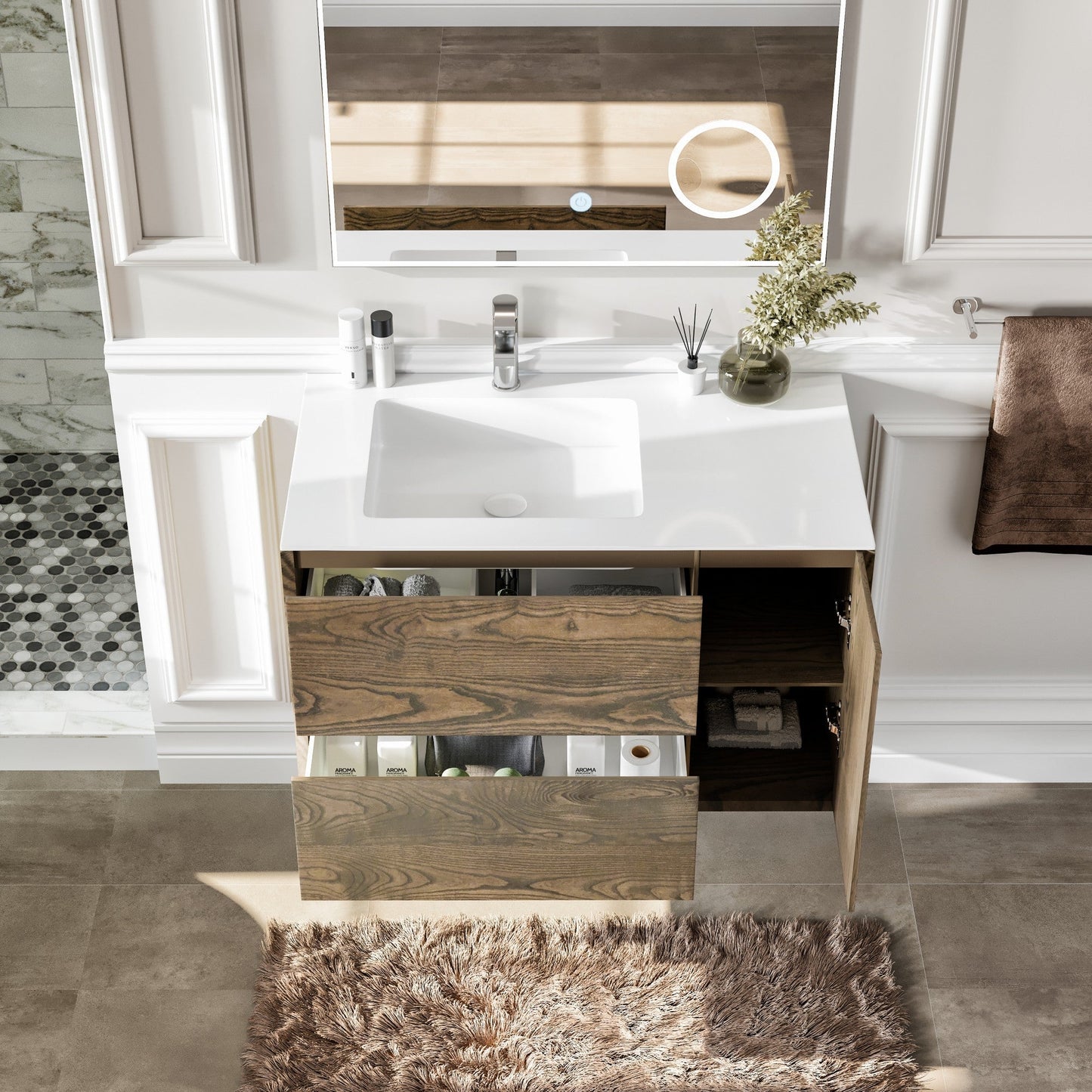 Eviva Ciocco Wall Mount Bath Vanity with Solid Surface Top and Integrated Sink