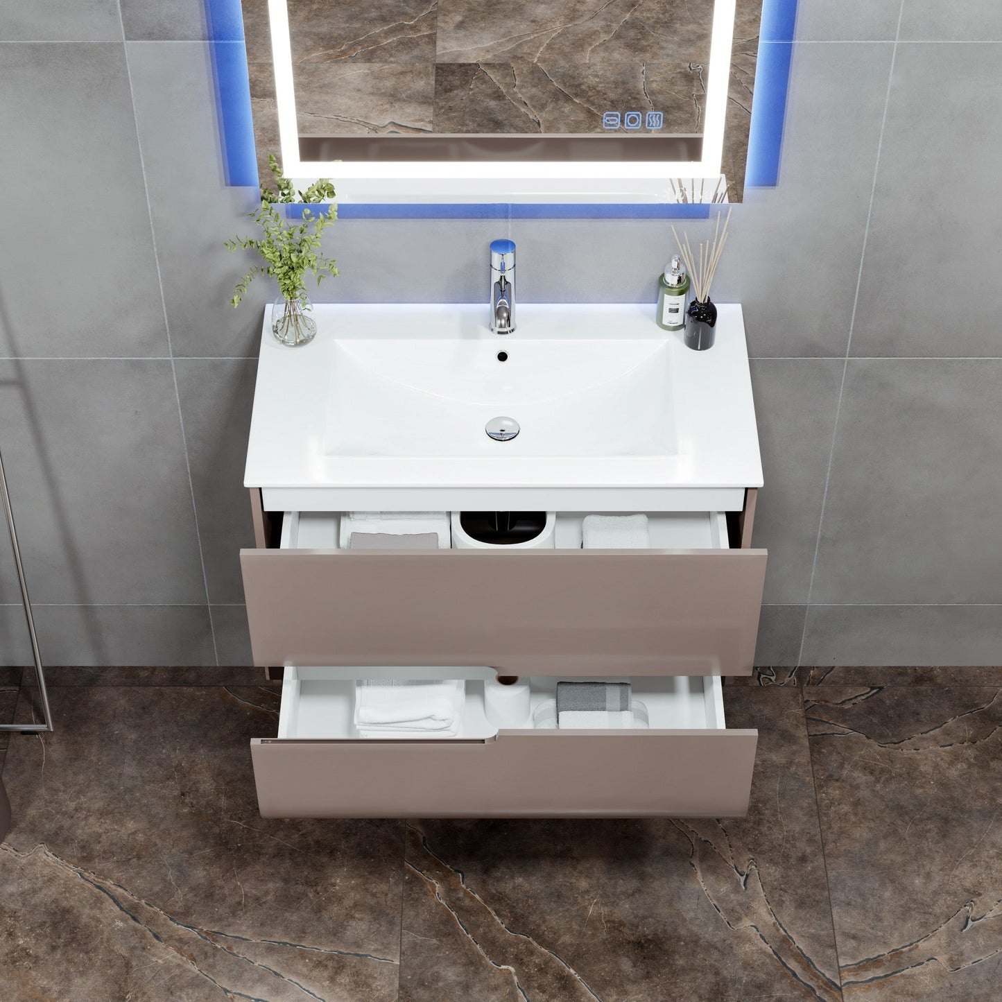 Eviva Ways Wall Mount Bath Vanity with Porcelain Top and Integrated Sink
