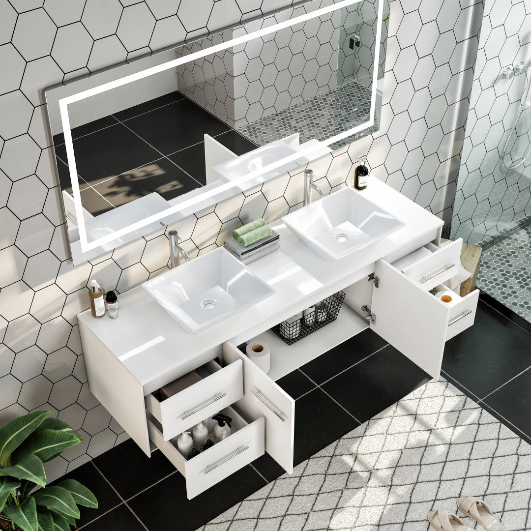 Eviva Wave Wall Mount Bath Vanity with White Quartz Top and Vessel Porcelain Sink (24"-72")
