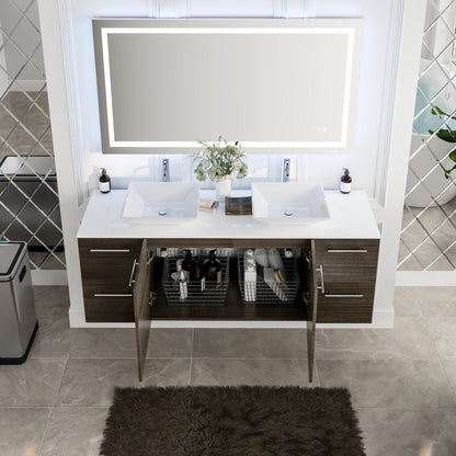 Eviva Luxurious Wall Mount Bath Vanity with White Quartz Top and Vessel Porcelain Sinks