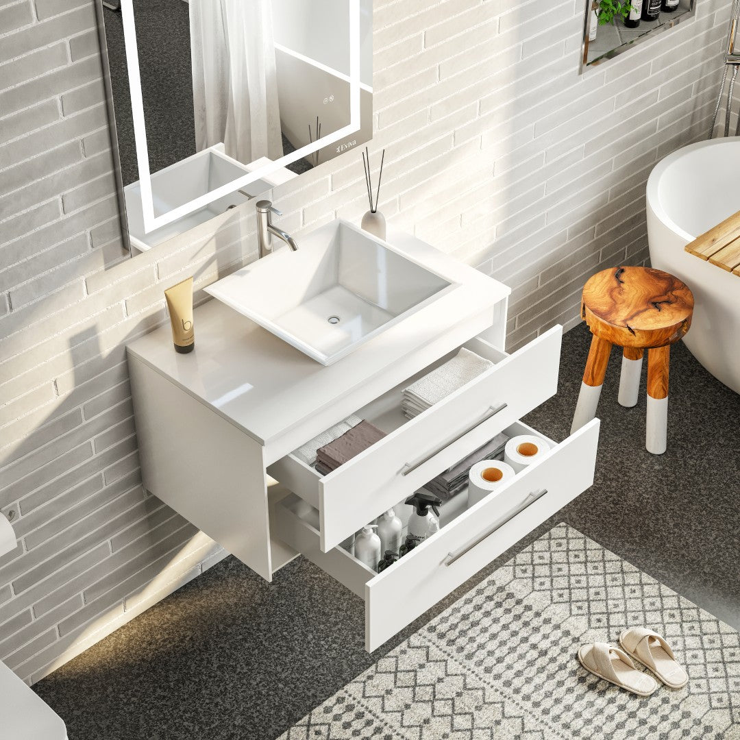 Eviva Wave Wall Mount Bath Vanity with White Quartz Top and Vessel Porcelain Sink (24"-72")