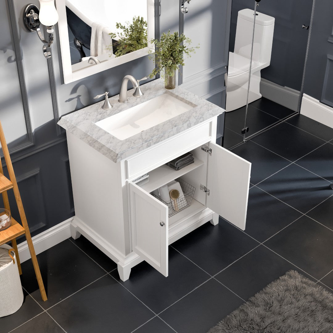 Eviva Elite Princeton Bath Vanity with Carrara Marble Top and Undermount Porcelain Sink (24"-30")