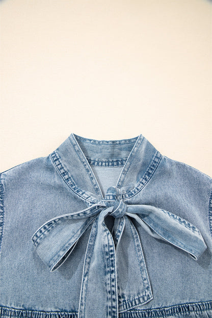 Beau Blue Bowknot Neck Ruffle Sleeveless Mini Dress