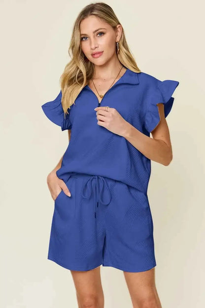 Plus Size Flounce Sleeve 2 piece top and shorts set