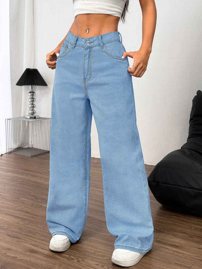 Embroidered Wide Leg Jeans with Bow Back for Women