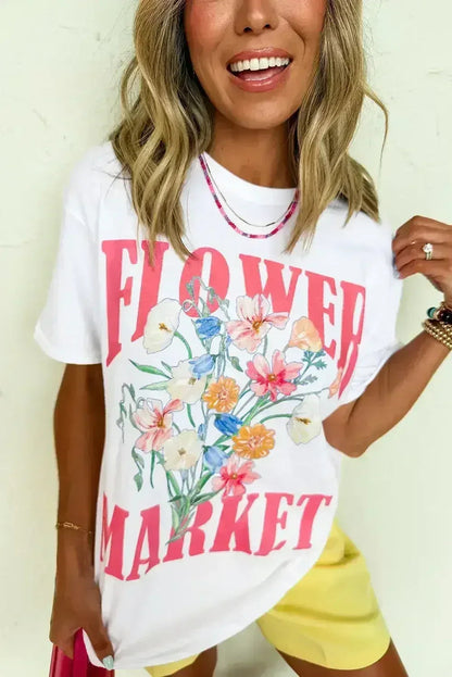 White FLOWER MARKET Letter Graphic T Shirt