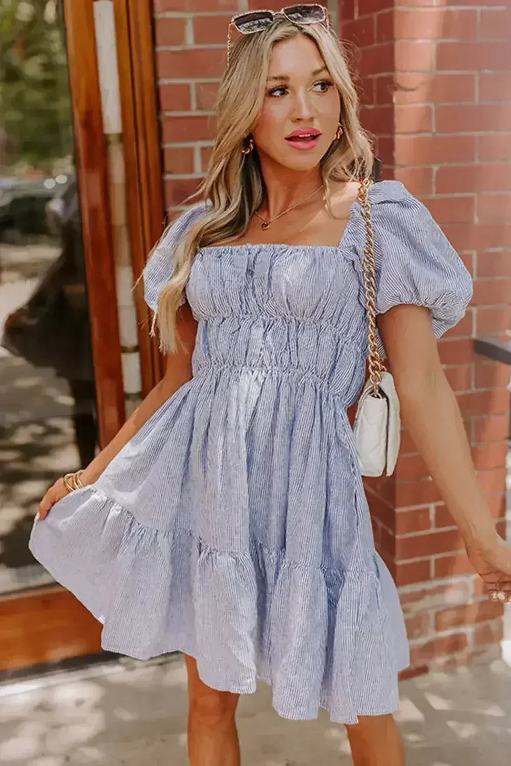 Sky Blue Stripe Bubble Sleeve Square Neck Ruched Pocket Babydoll Dress