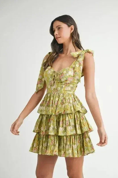 MABLE Floral Mini Dress – Adjustable Shoulder Tie Layered Design
