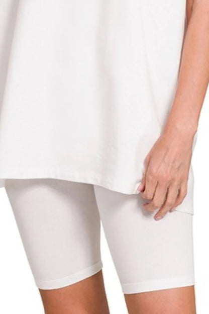 Zenana Cotton Round Neck Top & Biker Shorts