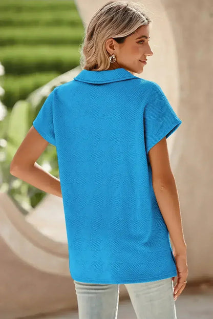 White Textured V Neck Collared Split Hem T Shirt