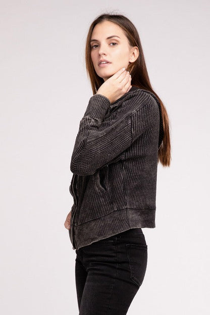 ZENANA Acid Wash Cotton Waffle Hooded Zip-Up Jacket