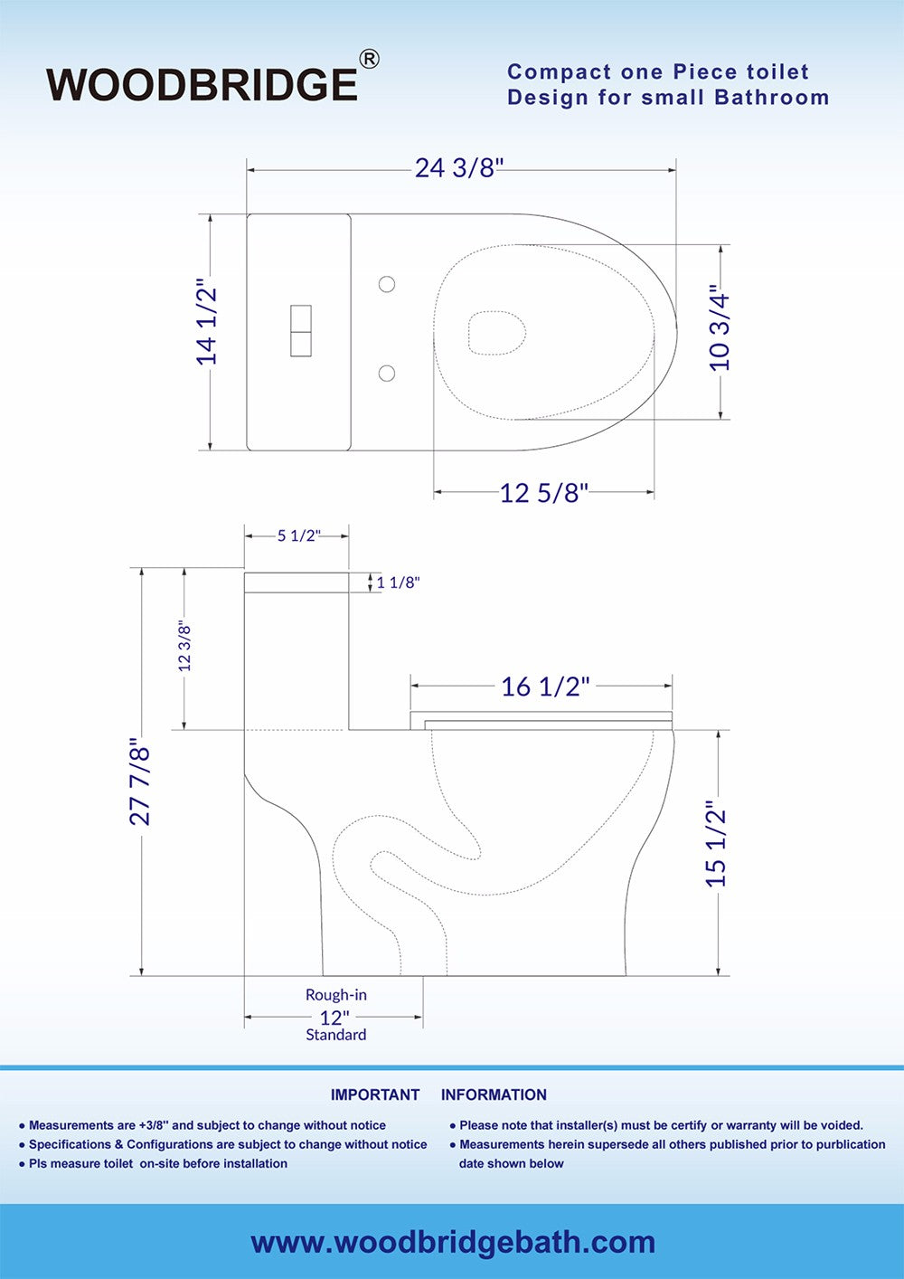 WOODBRIDGE One Piece Short Compact Bathroom Tiny Mini Commode Water Closet Dual Flush Concealed Trapway