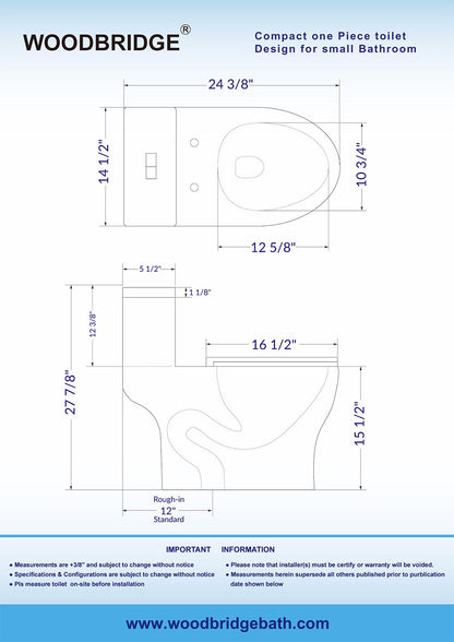 WOODBRIDGE One Piece Short Compact Bathroom Tiny Mini Commode Water Closet Dual Flush Concealed Trapway
