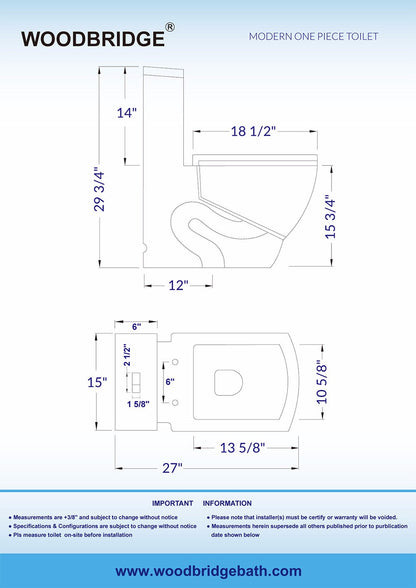 WOODBRIDGE Modern Square Design One Piece Dual Flush 1.28 GP Toilet,Chair Height with Soft Closing Seat
