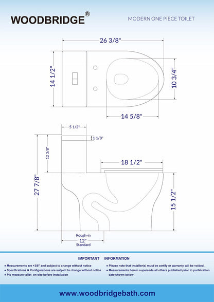 WOODBRIDGE Modern One Piece Dual Flush 1.28 GP Toilet,with Soft Closing Seat