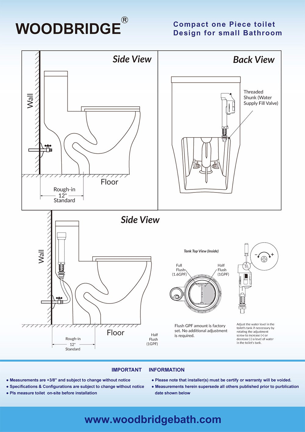 WOODBRIDGE One Piece Short Compact Bathroom Tiny Mini Commode Water Closet Dual Flush Concealed Trapway