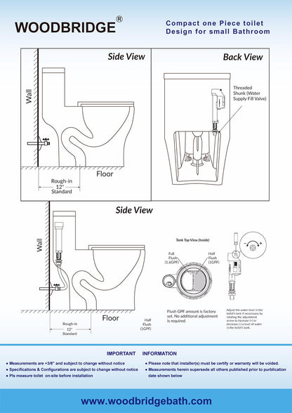 WOODBRIDGE One Piece Short Compact Bathroom Tiny Mini Commode Water Closet Dual Flush Concealed Trapway