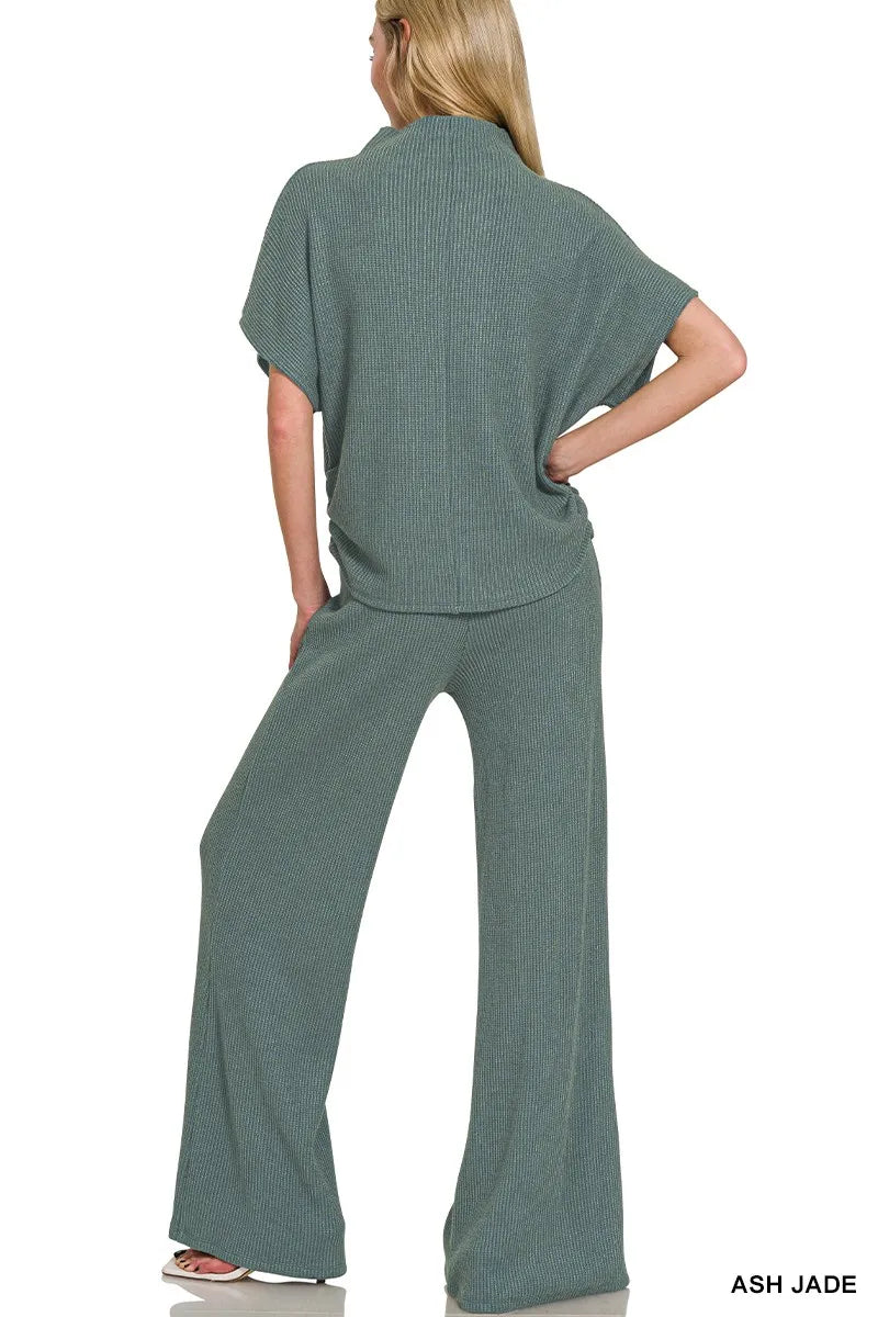 Zenana Mock Neck Top and Pants Sweater Set in Jade