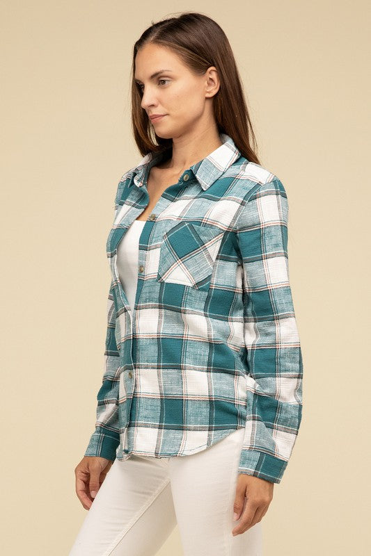 ZENANA Cotton Plaid Shacket With Front Pocket