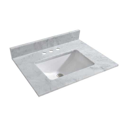 WOODBRIDGE 31" x 22" Vanity Top with Single Under Mount Rectangle Bowl, Carrara White Marble, Pre-drilled with 3-hole for 4-inch Centerset Faucet set up Option