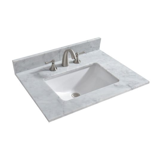 WOODBRIDGE 31" x 22" Vanity Top with Single Under Mount Rectangle Bowl, Carrara White Marble, Pre-drilled with 3-hole for 8-inch Widespread Faucet set up Option