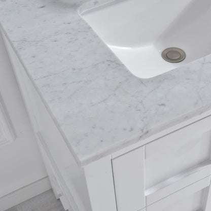 WOODBRIDGE 31" x 22" Vanity Top with Single Under Mount Rectangle Bowl, Carrara White Marble, Pre-drilled with 3-hole for 8-inch Widespread Faucet set up Option