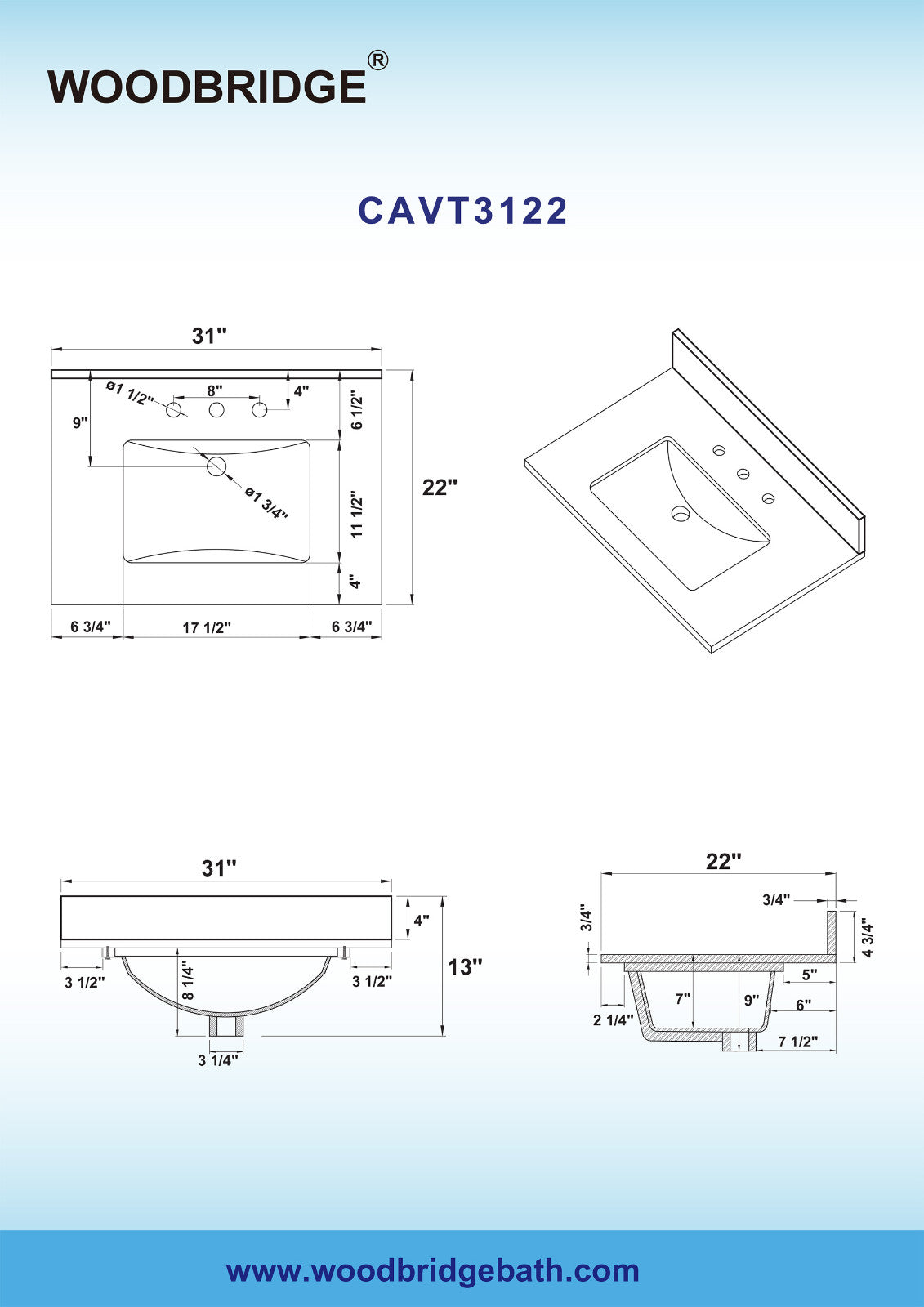 WOODBRIDGE 31" x 22" Vanity Top with Single Under Mount Rectangle Bowl, Carrara White Marble, Pre-drilled with 3-hole for 8-inch Widespread Faucet set up Option