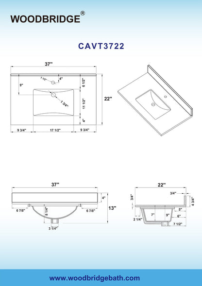 WOODBRIDGE 37" x22" Vanity Top with Single Under Mount Rectangle Bowl, Carrara White Marble, Pre-drilled with Single hole Faucet set up Option