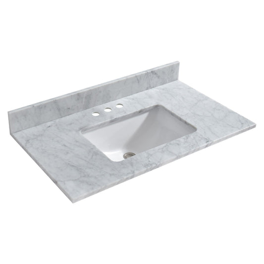 WOODBRIDGE 37" x22" Vanity Top with Single Under Mount Rectangle Bowl, Carrara White Marble, Pre-drilled with 3-hole for 4-inch Centerset Faucet set up Option