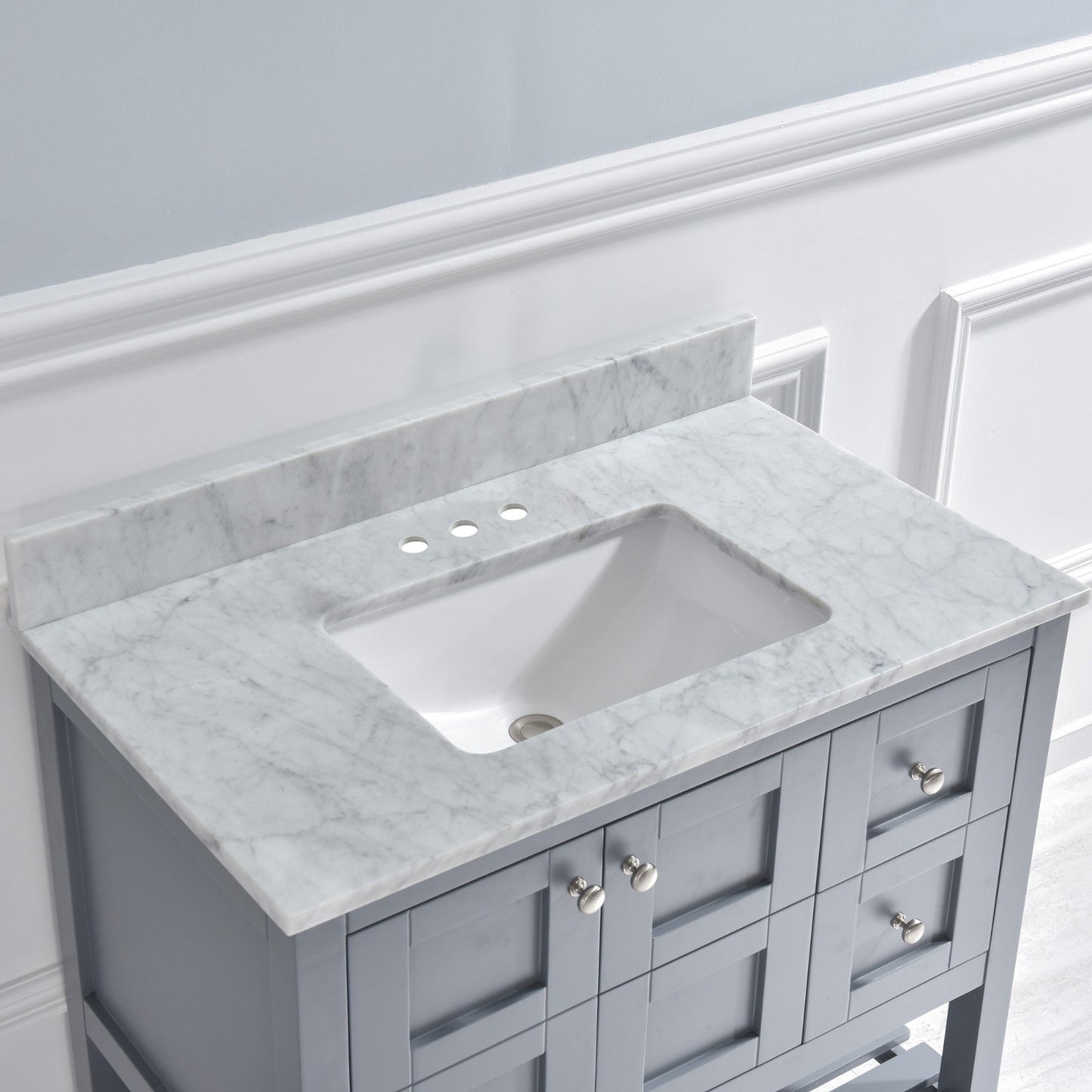 WOODBRIDGE 37" x22" Vanity Top with Single Under Mount Rectangle Bowl, Carrara White Marble, Pre-drilled with 3-hole for 4-inch Centerset Faucet set up Option