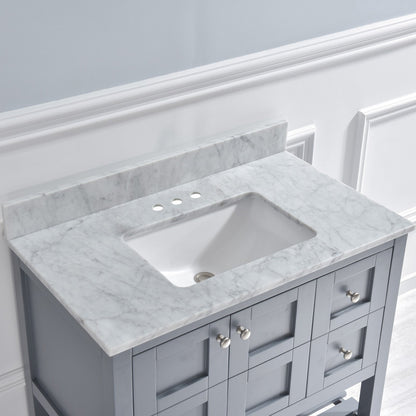 WOODBRIDGE 37" x22" Vanity Top with Single Under Mount Rectangle Bowl, Carrara White Marble, Pre-drilled with 3-hole for 4-inch Centerset Faucet set up Option
