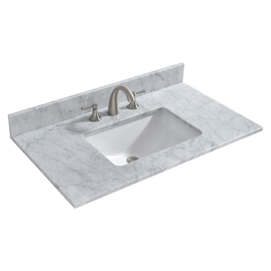 WOODBRIDGE 37" x22" Vanity Top with Single Under Mount Rectangle Bowl, Carrara White Marble, Pre-drilled with 3-hole for 8-inch Widespread Faucet set up Option