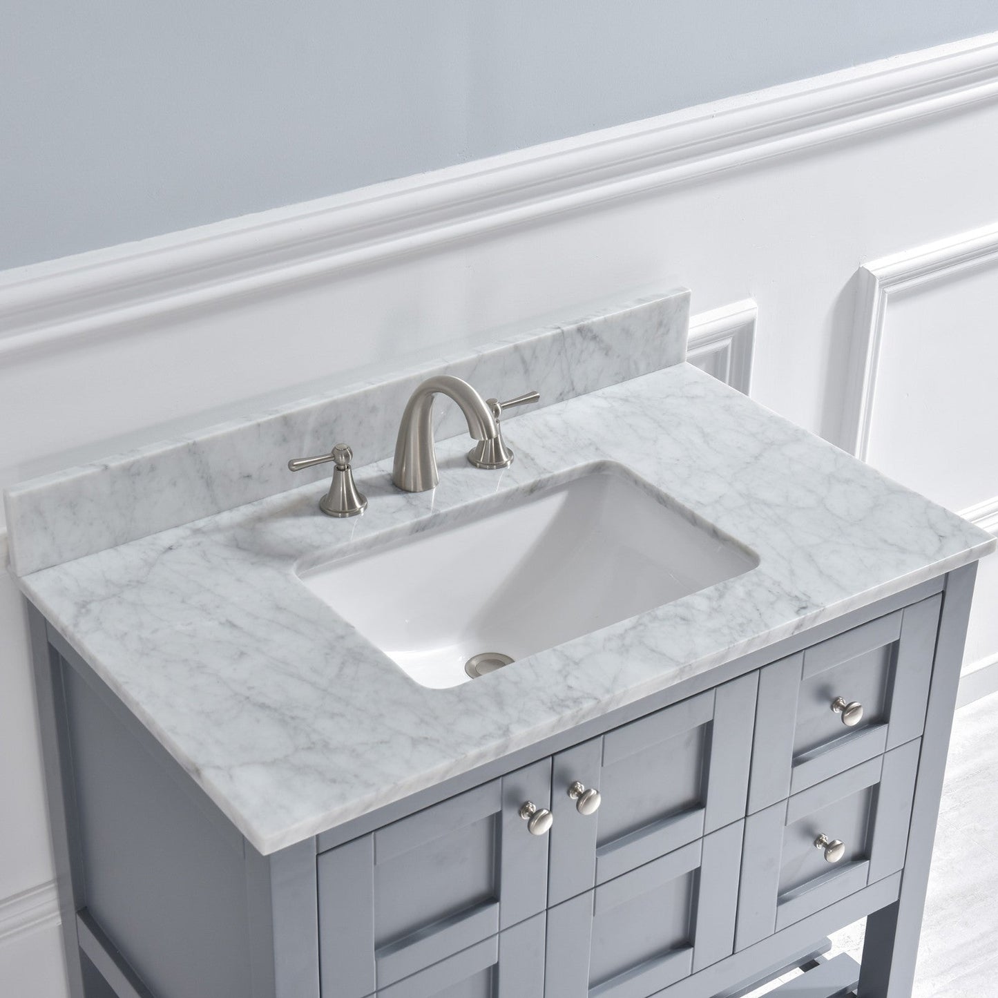 WOODBRIDGE 37" x22" Vanity Top with Single Under Mount Rectangle Bowl, Carrara White Marble, Pre-drilled with 3-hole for 8-inch Widespread Faucet set up Option