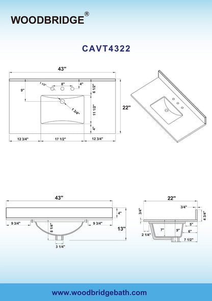 Best Seller WOODBRIDGE CAVT4322-8 Vanity Top with Under Mount Bowl, 43"x22", Carra White, Natural Stone
