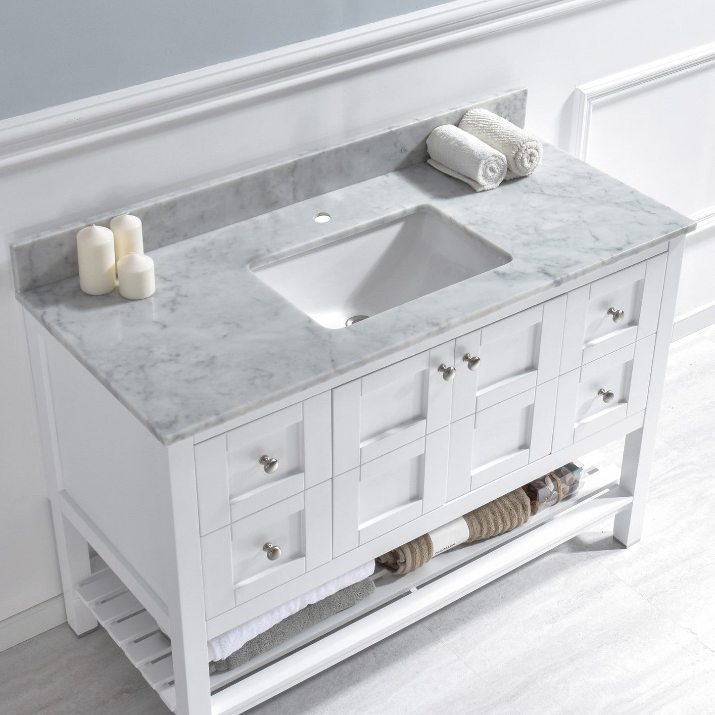 WOODBRIDGE 49"x22" Vanity Top with Single Under Mount Rectangle Bowl, Carrara White Marble, Pre-drilled with Single hole Faucet set up Option