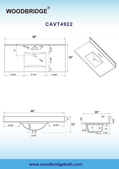 WOODBRIDGE 49"x22" Vanity Top with Single Under Mount Rectangle Bowl, Carrara White Marble, Pre-drilled with 3-hole for 4-inch Centerset Faucet set up Option