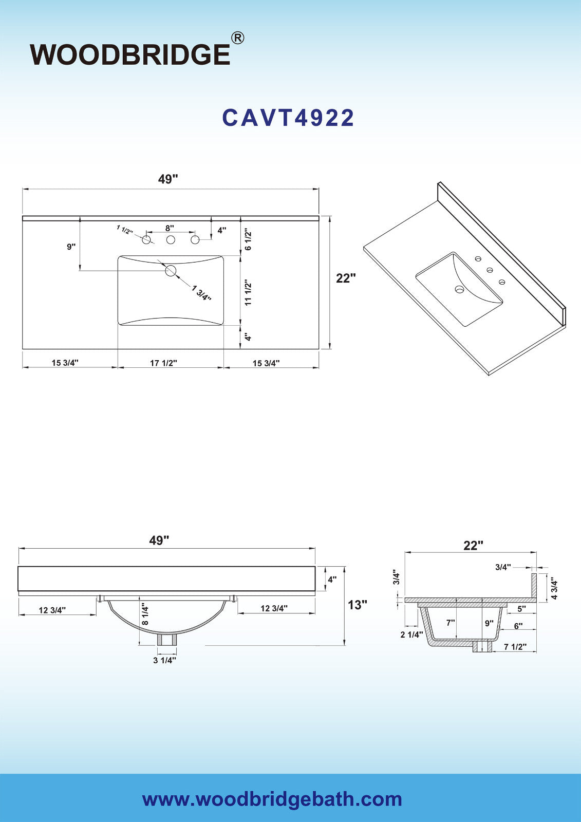 WOODBRIDGE 49"x22" Vanity Top with Single Under Mount Rectangle Bowl, Carrara White Marble, Pre-drilled with 3-hole for 8-inch Widespread Faucet set up Option