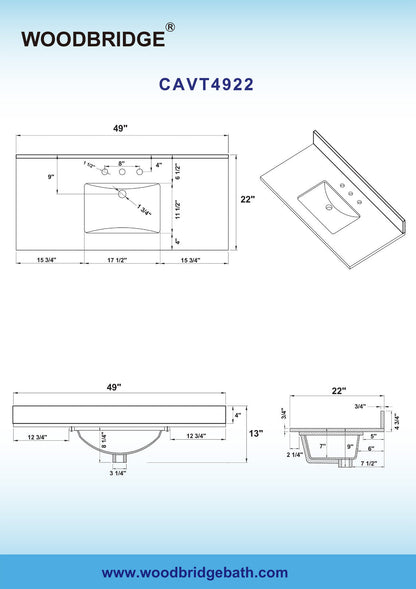 WOODBRIDGE 49"x22" Vanity Top with Single Under Mount Rectangle Bowl, Carrara White Marble, Pre-drilled with 3-hole for 8-inch Widespread Faucet set up Option