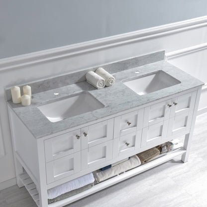 WOODBRIDGE 61" x 22" Vanity Top with Double Under Mount Rectangle Bowls, Carrara White Marble, Pre-drilled with Single hole Faucet set up Option