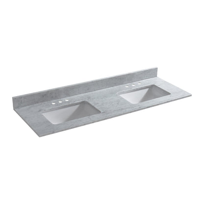 WOODBRIDGE 61" x 22" Vanity Top with Double Under Mount Rectangle Bowls, Carrara White Marble, Pre-drilled with 3-hole for 4-inch Centerset Faucet set up Option