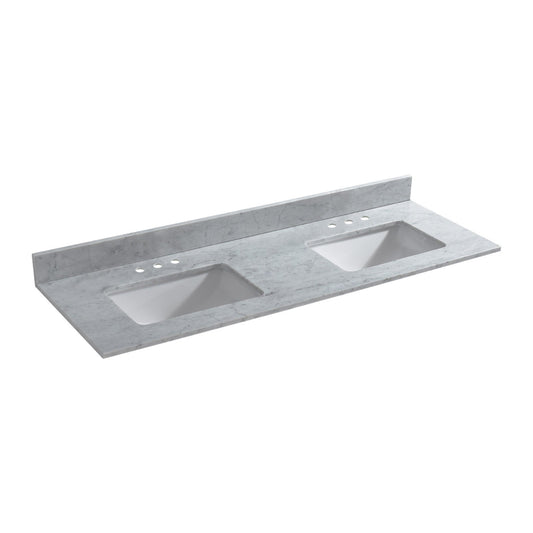 WOODBRIDGE 61" x 22" Vanity Top with Double Under Mount Rectangle Bowls, Carrara White Marble, Pre-drilled with 3-hole for 4-inch Centerset Faucet set up Option