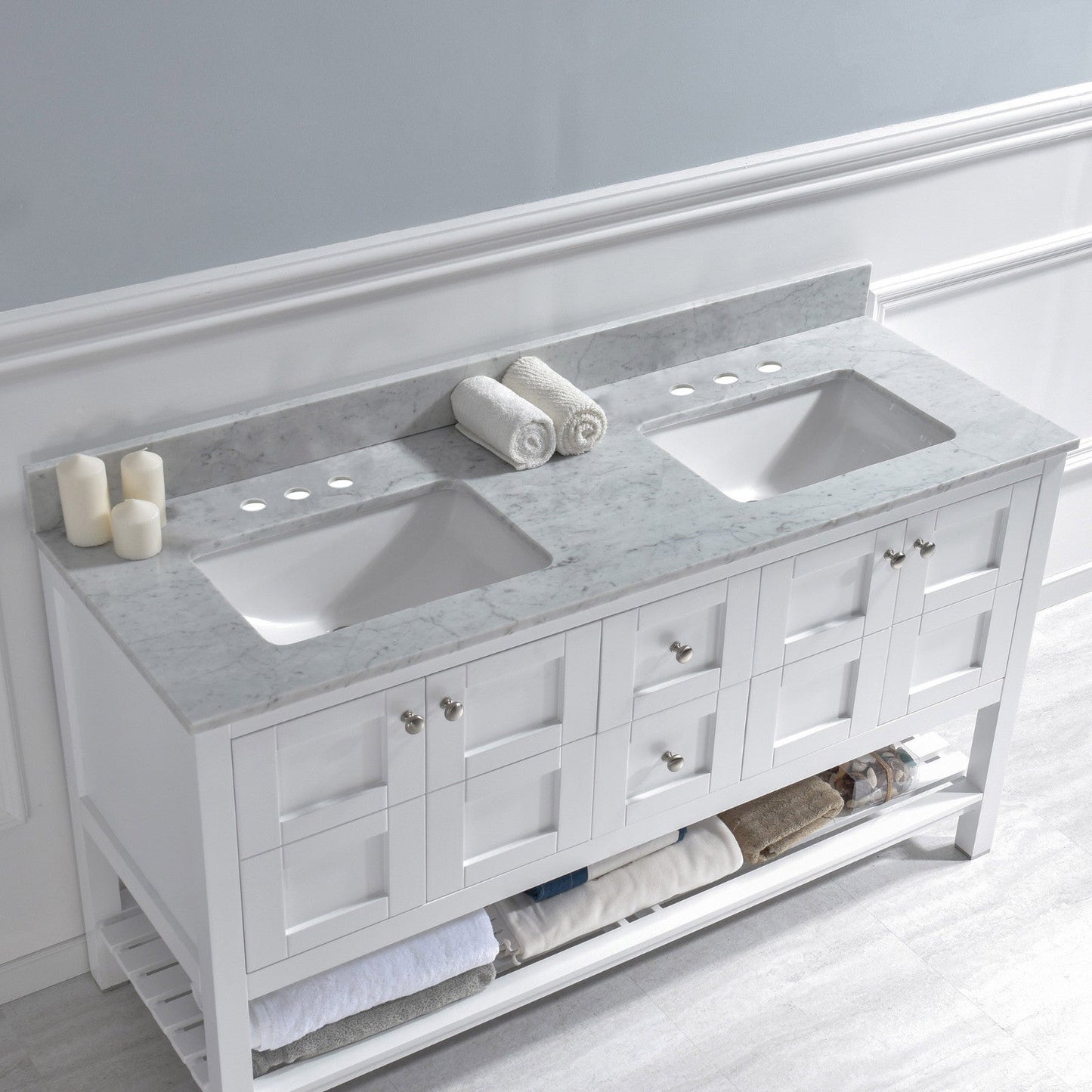 WOODBRIDGE 61" x 22" Vanity Top with Double Under Mount Rectangle Bowls, Carrara White Marble, Pre-drilled with 3-hole for 4-inch Centerset Faucet set up Option