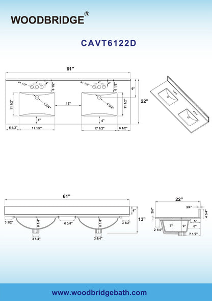 WOODBRIDGE 61" x 22" Vanity Top with Double Under Mount Rectangle Bowls, Carrara White Marble, Pre-drilled with 3-hole for 4-inch Centerset Faucet set up Option