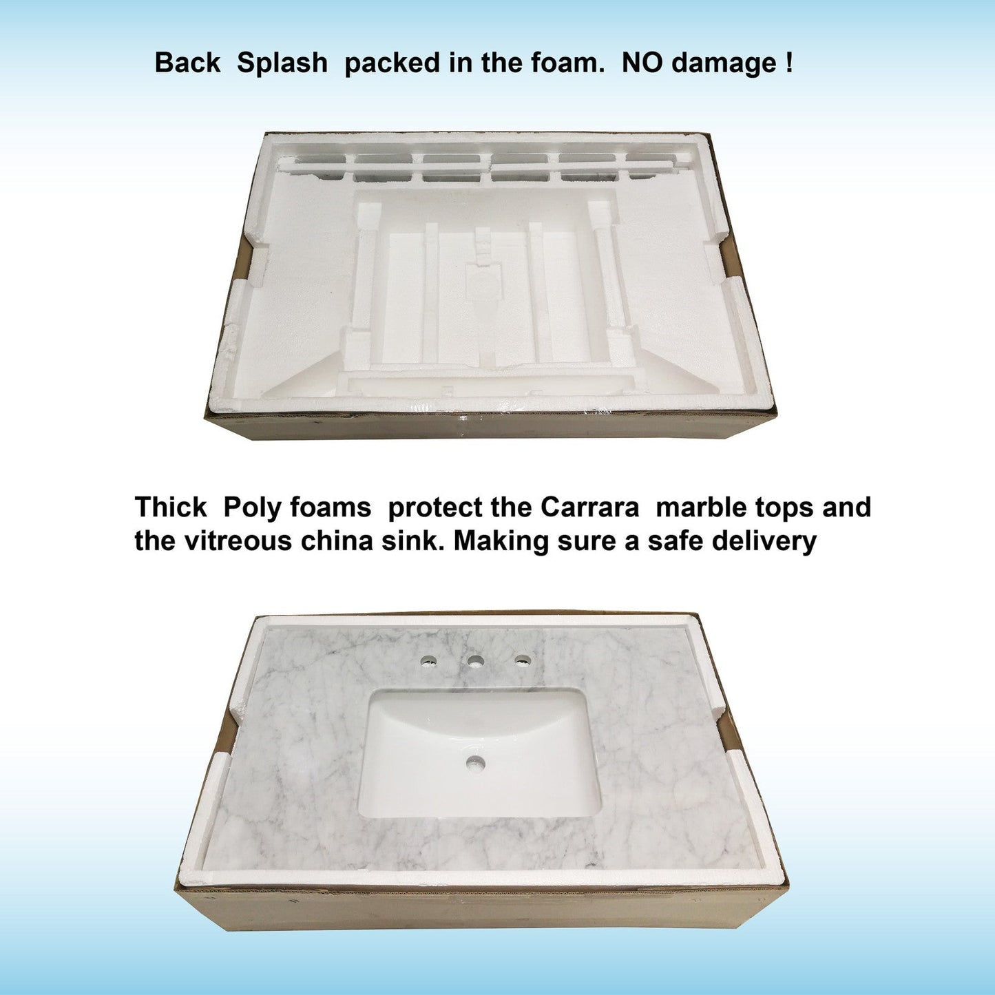 WOODBRIDGE 61" x 22" Vanity Top with Double Under Mount Rectangle Bowls, Carrara White Marble, Pre-drilled with 3-hole for 4-inch Centerset Faucet set up Option