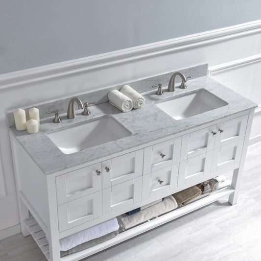 WOODBRIDGE 61" x 22" Vanity Top with Double Under Mount Rectangle Bowls, Carrara White Marble, Pre-drilled with 3-hole for 8-inch Widespread Faucet set up Option